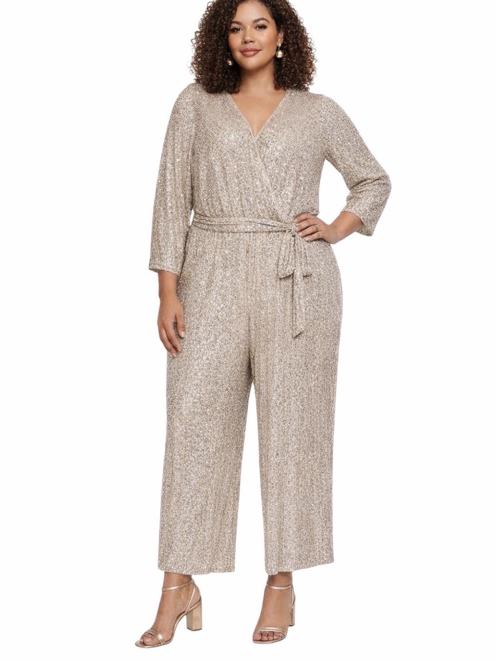 Eliza J Full Sequin Wide Leg Beige Cocktail Formal plus size Bling Jumpsuit 18W